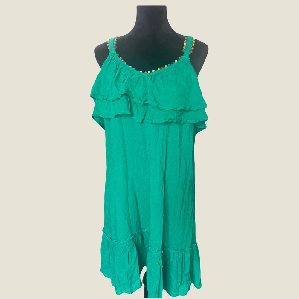 Blue Rain green ruffle dress with multicolor details. Size: Large